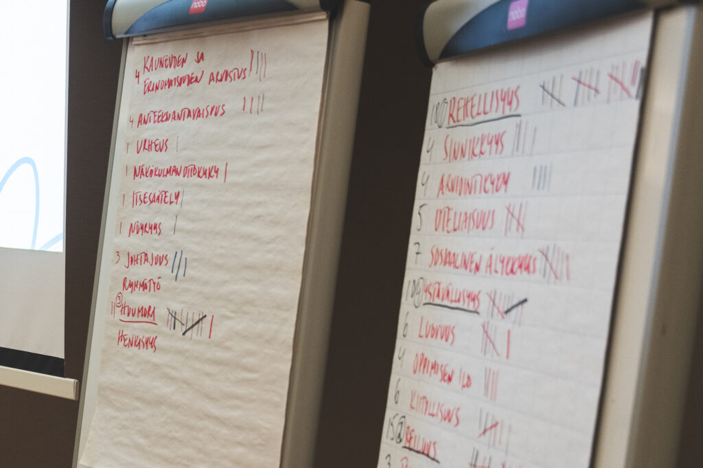 Kuvassa fläppitaululle koostettuja ammattijärjestäjien vahvuuksia.